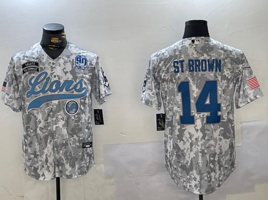 Men's Detroit Lions #14 Amon-Ra St. Brown 2024 Arctic Camo Salute To Service 90TH Patch Stitched Baseball Jersey