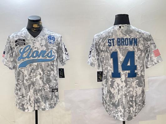 Men's Detroit Lions #14 Amon-Ra St. Brown 2024 Arctic Camo Salute To Service 90TH Patch Stitched Baseball Jersey