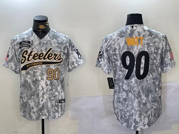 Men's Pittsburgh Steelers #90 T.J. Watt 2024 Arctic Camo Salute To Service Stitched Baseball Jersey