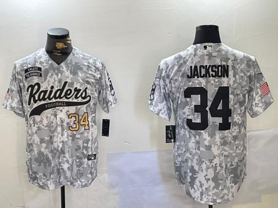 Men's Las Vegas Raiders #34 Bo Jackson 2024 Arctic Camo Salute To Service Stitched Baseball Jersey