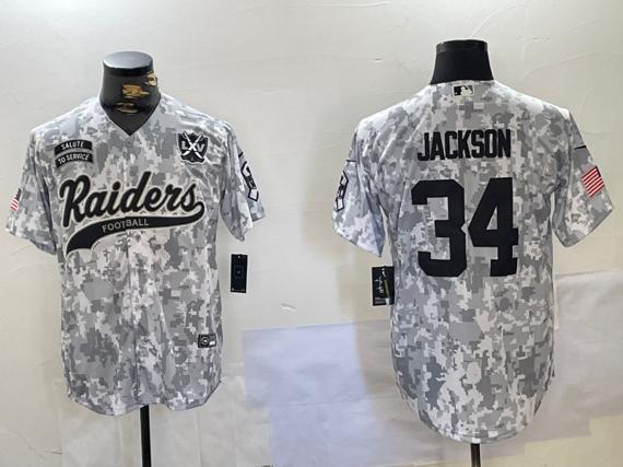 Men's Las Vegas Raiders #34 Bo Jackson 2024 Arctic Camo Salute To Service Stitched Baseball Jersey