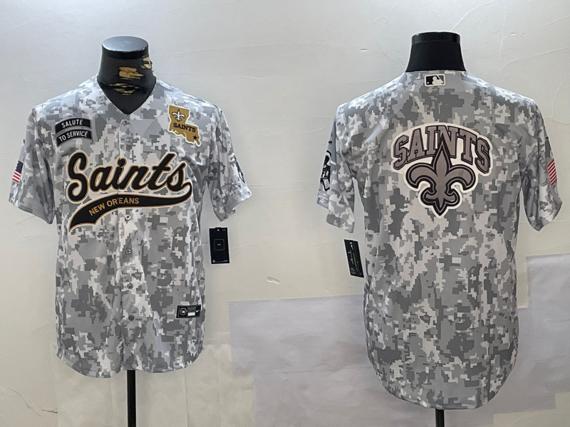 Men's New Orleans Saints Team Big Logo 2024 Arctic Camo Salute To Service Stitched Baseball Jersey