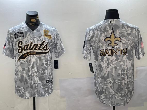 Men's New Orleans Saints Team Big Logo 2024 Arctic Camo Salute To Service Stitched Baseball Jersey