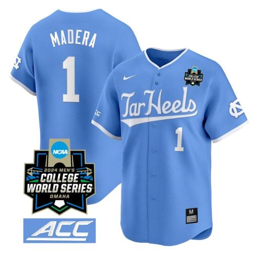 Men's Alex Madera Jersey #1 North Carolina Tar Heels 2024 College World Series Vapor Premier Limited NCAA Baseball Stitched Blue