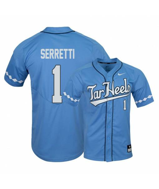 Men's North Carolina Tar Heels 1 Danny Serretti Blue Elite Baseball Jersey