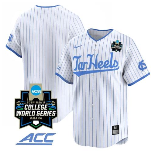 Men's North Carolina Tar Heels Team Jersey 2024 College World Series Vapor Premier Limited NCAA Baseball Stitched White Pinstripe