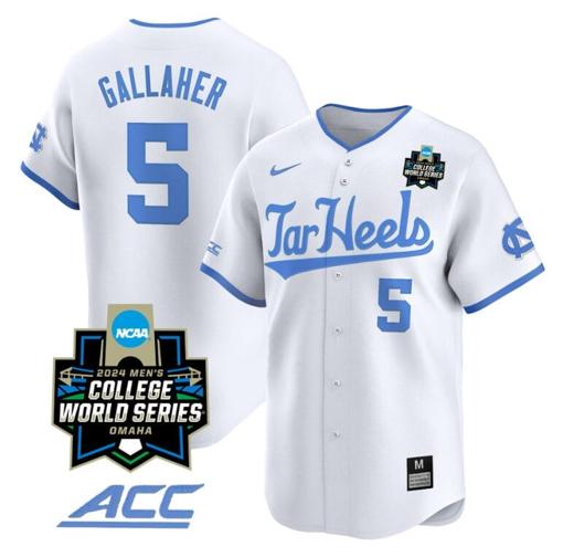 Men's Gavin Gallaher Jersey #5 North Carolina Tar Heels 2024 College World Series Vapor Premier Limited NCAA Baseball Stitched White