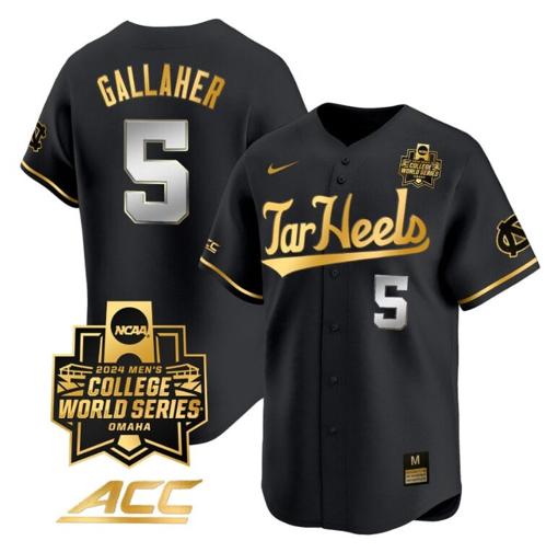 Men's Gavin Gallaher Jersey #5 North Carolina Tar Heels 2024 College World Series Vapor Premier Limited NCAA Baseball Stitched Black Gold