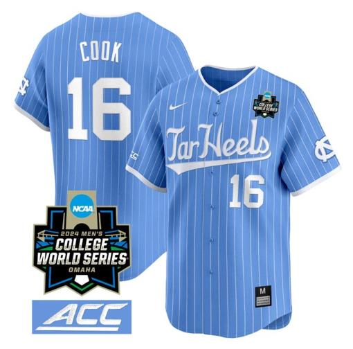 Men's Casey Cook Jersey #16 North Carolina Tar Heels 2024 College World Series Vapor Premier Limited NCAA Baseball Stitched Blue Pinstripe