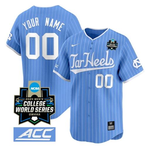 Men's Custom North Carolina Tar Heels Jersey 2024 College World Series Vapor Premier Limited NCAA Baseball Stitched Blue Pinstripe