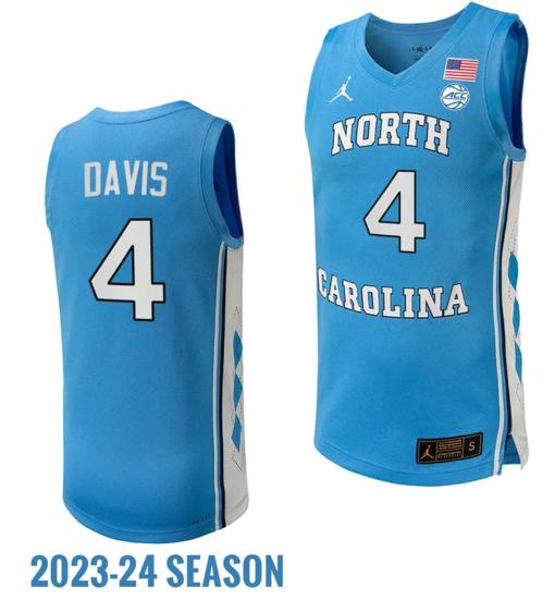 Men's RJ Davis Jersey #4 North Carolina Tar Heels Replica College Basketball 2023-24 Blue