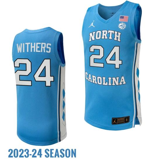 Men's Jae'Lyn Withers Jersey #24 North Carolina Tar Heels Replica College Basketball 2023-24 Blue