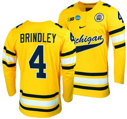 Men's Michigan Wolverines Gavin Brindley Jersey #4 NCAA Hockey Tournament Maize 2023