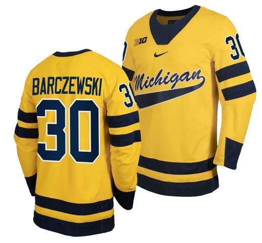 Men's Michigan Wolverines Jacob Barczewski Jersey #30 Classic Hockey Maize Replica 2023-24