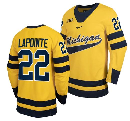 Men's Michigan Wolverines Philippe Lapointe Jersey #22 Classic Hockey Maize Replica 2023-24