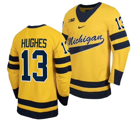 Men's Michigan Wolverines TJ Hughes Jersey #13 Classic Hockey Maize Replica 2023-24