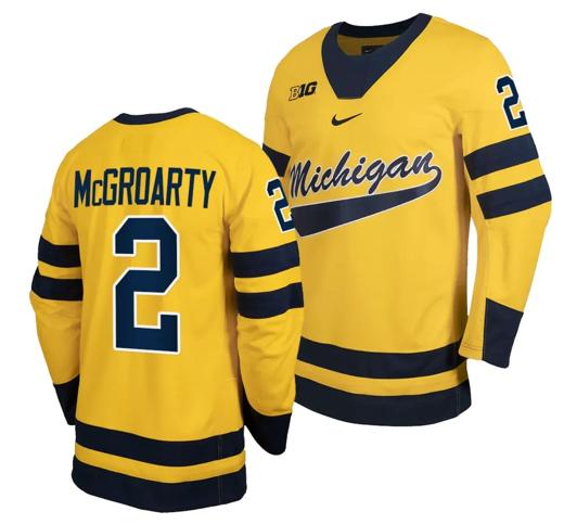 Men's Michigan Wolverines Rutger McGroarty Jersey #2 Classic Hockey Maize Replica 2023-24