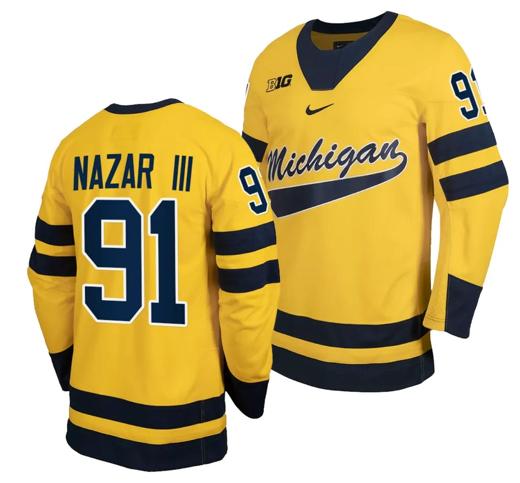 Men's Michigan Wolverines Frank Nazar III Jersey #91 Classic Hockey Maize Replica 2023-24