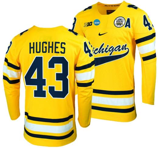 Men's Michigan Wolverines Luke Hughes Jersey #43 NCAA Hockey Tournament Maize 2023