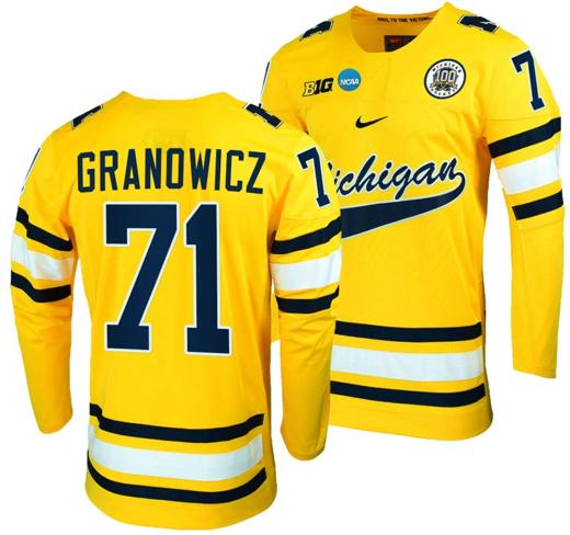 Men's Michigan Wolverines Nick Granowicz Jersey #71 NCAA Hockey Tournament Maize 2023