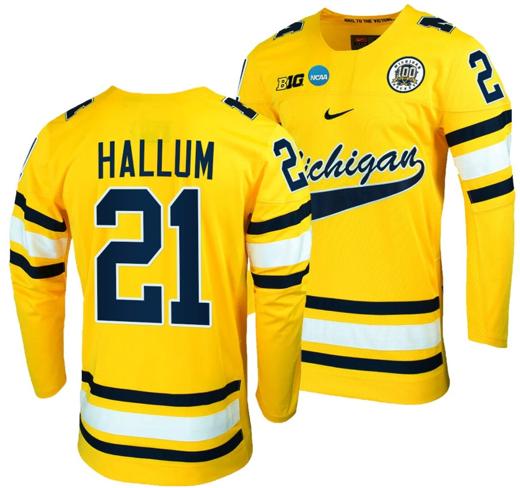 Men's Michigan Wolverines Jackson Hallum Jersey #21 NCAA Hockey Tournament Maize 2023