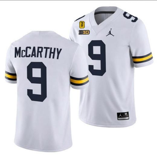 Men's Michigan Wolverines TM 42 Patch Honor Tate Myre #25 JJ McCarthy Jersey #9 All Stitched White