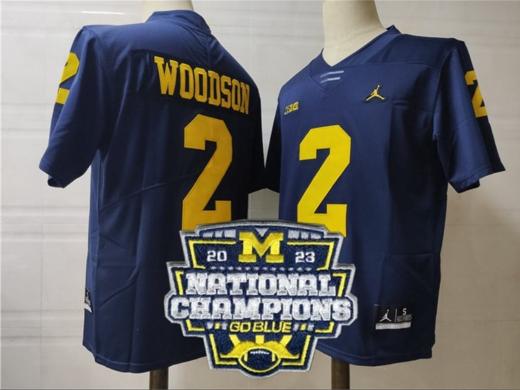 Men's Charles Woodson Jersey #2 Michigan Wolverines Football 2023 National Champions Patch Navy