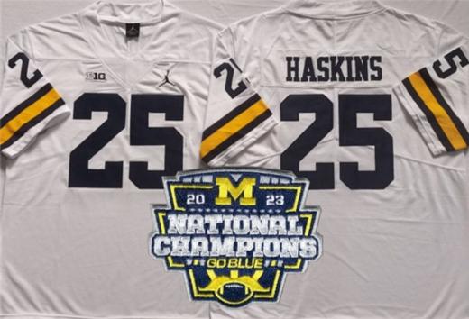 Men's Hassan Haskins Jersey #25 Michigan Wolverines Football 2023 National Champions Patch White