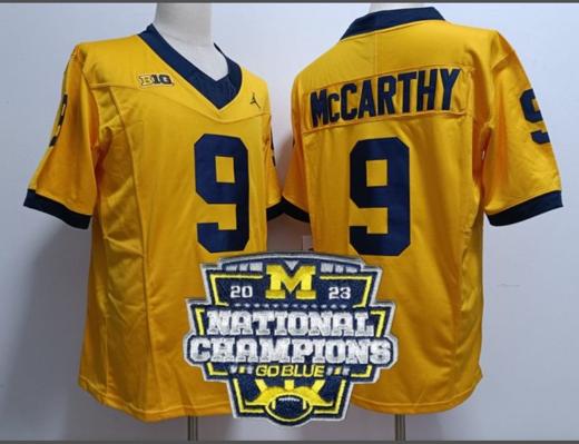 Men's JJ Mccarthy Jersey #9 Michigan Wolverines Football 2023 National Champions Patch Yellow