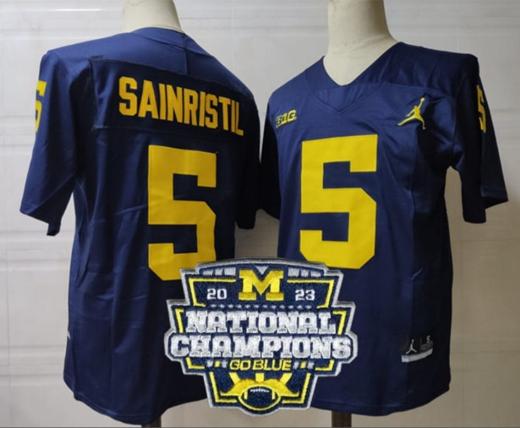 Men's Mike Sainristil Jersey #5 Michigan Wolverines Football 2023 National Champions Patch Navy