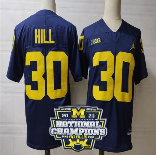 Men's Daxton Hill Jersey #30 Michigan Wolverines Football 2023 National Champions Patch Navy