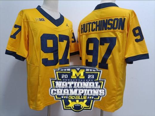 Men's Aidan Hutchinson Jersey #97 Michigan Wolverines Football 2023 National Champions Patch Yellow