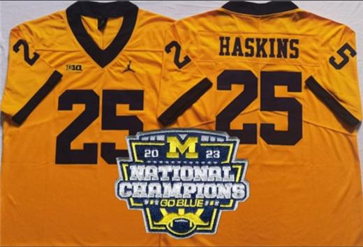 Men's Hassan Haskins Jersey #25 Michigan Wolverines Football 2023 National Champions Patch Yellow