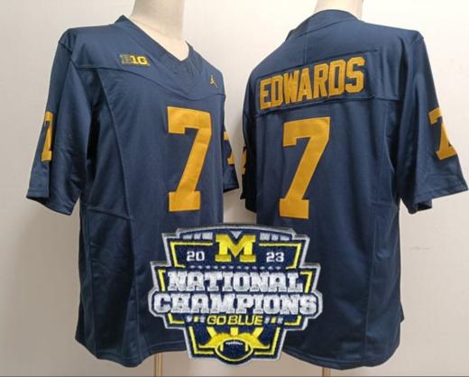 Men's Donovan Edwards Jersey #7 Michigan Wolverines Football 2023 National Champions Patch Navy