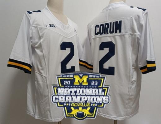 Men's Blake Corum Jersey #2 Michigan Wolverines Football 2023 National Champions Patch White