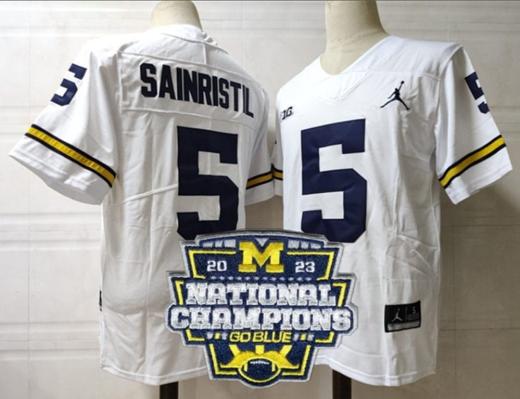 Men's Mike Sainristil Jersey #5 Michigan Wolverines Football 2023 National Champions Patch White