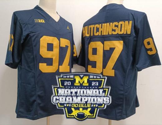 Men's Aidan Hutchinson Jersey #97 Michigan Wolverines Football 2023 National Champions Patch Navy