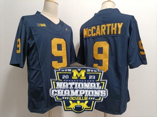 Men's JJ Mccarthy Jersey #9 Michigan Wolverines Football 2023 National Champions Patch Navy