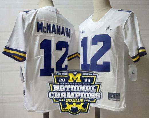 Men's Cade Mcnamara Jersey #12 Michigan Wolverines Football 2023 National Champions Patch White