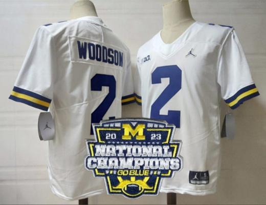 Men's Charles Woodson Jersey #2 Michigan Wolverines Football 2023 National Champions Patch White