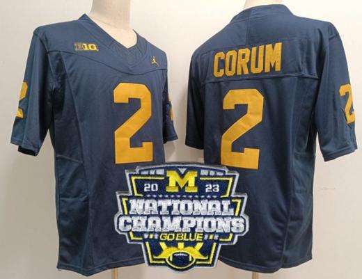 Men's Blake Corum Jersey #2 Michigan Wolverines Football 2023 National Champions Patch Navy