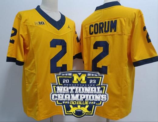 Men's Blake Corum Jersey #2 Michigan Wolverines Football 2023 National Champions Patch Yellow