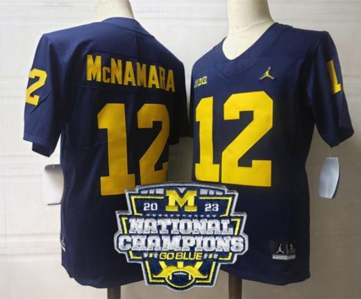 Men's Cade Mcnamara Jersey #12 Michigan Wolverines Football 2023 National Champions Patch Navy