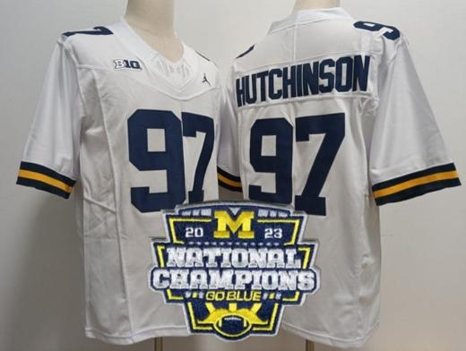 Men's Aidan Hutchinson Jersey #97 Michigan Wolverines Football 2023 National Champions Patch White