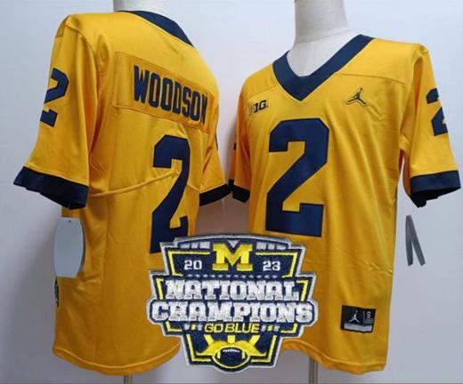 Men's Charles Woodson Jersey #2 Michigan Wolverines Football 2023 National Champions Patch Yellow