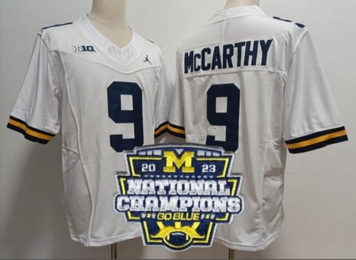 Men's JJ Mccarthy Jersey #9 Michigan Wolverines Football 2023 National Champions Patch White