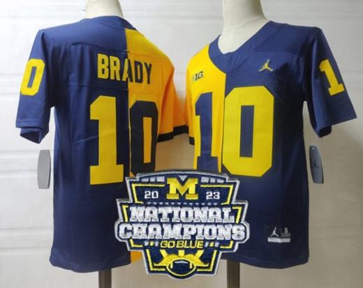 Men's Tom Brady Jersey #12 Michigan Wolverines Football 2023 National Champions Patch Navy Yellow