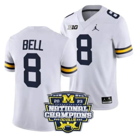 Men's Ronnie Bell Jersey #8 Michigan Wolverines Football 2023 National Champions Patch White