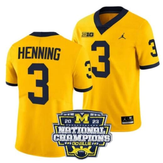 Men's Aj Henning Jersey #3 Michigan Wolverines Football 2023 National Champions Patch Yellow