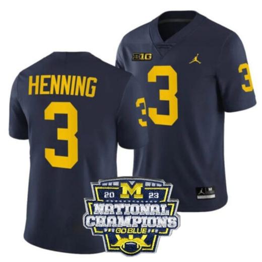 Men's Aj Henning Jersey #3 Michigan Wolverines Football 2023 National Champions Patch Navy